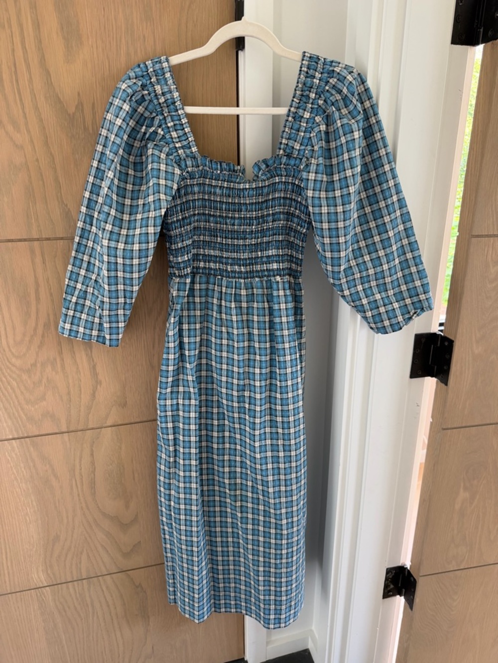 Madewell Blue Plaid Smocked Midi Dress